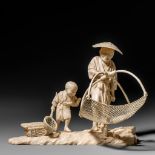 A rare Japanese Meiji period ivory okimono depicting a fisherman and his son, W 24,4 - H 19 cm / 804