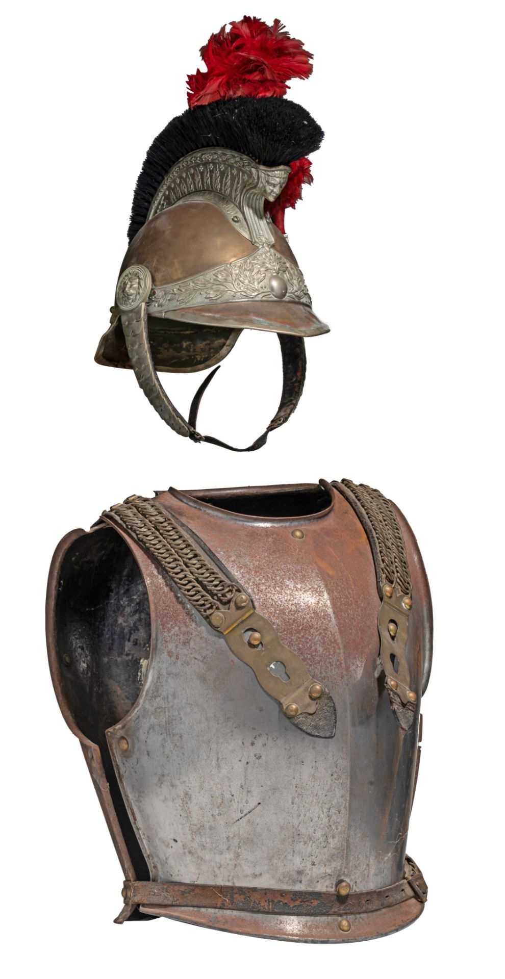 A French cuirassier breastplate and helmet, personalized and issued in 1875, Total H 73 cm