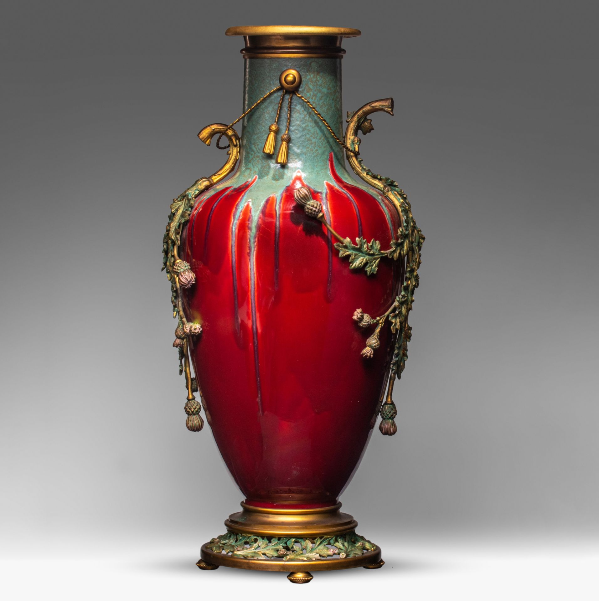 A Jugendstil flambe vase with floral gilt brass mounts, H 60 cm - Image 2 of 6