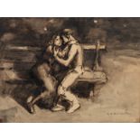 Theophile Alexandre Steinlen (1859-1923), lovers in the park, washed ink drawing 25 x 33 cm. (9.8 x