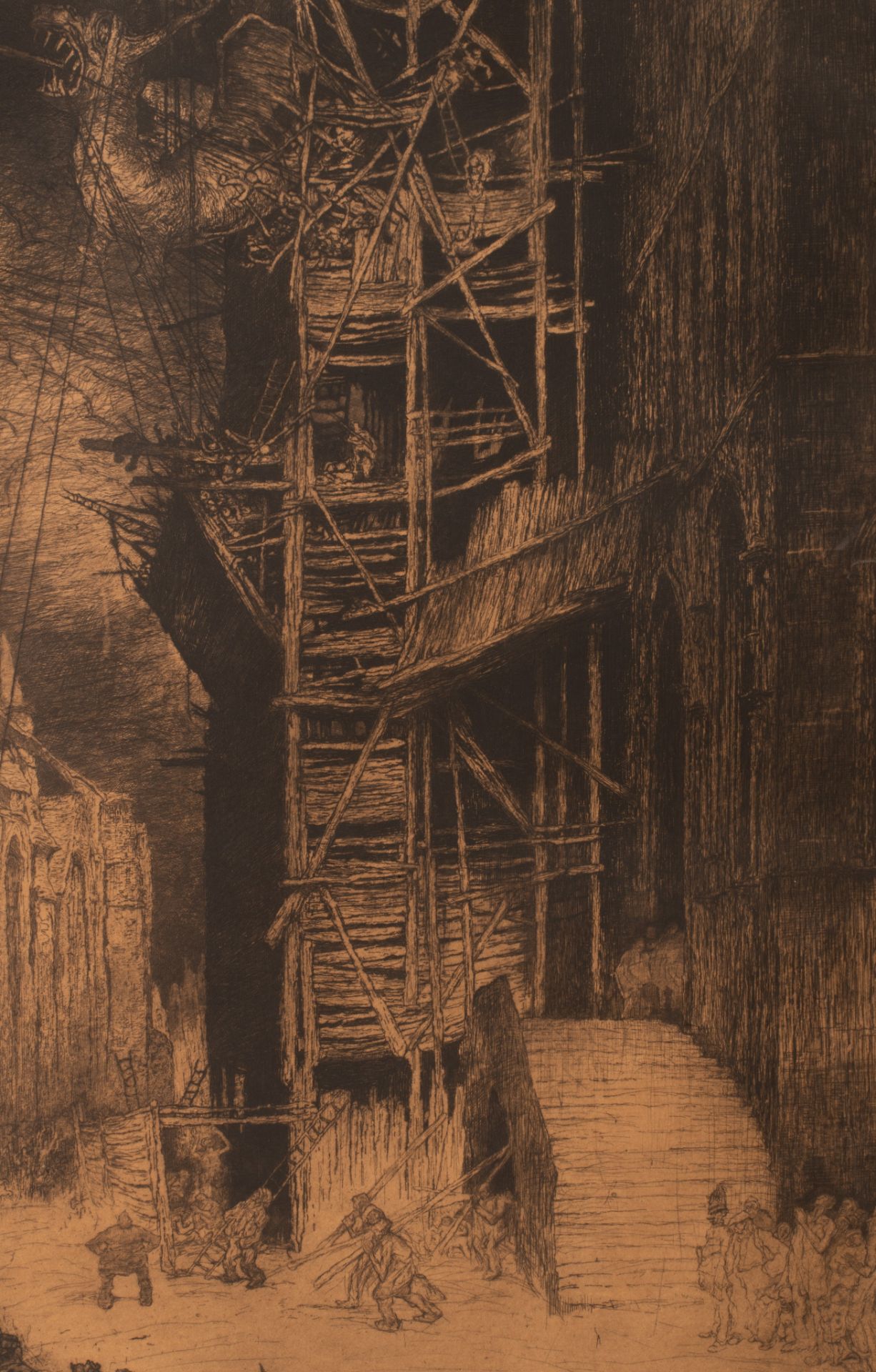 Jules De Bruycker (1870-1945), 'Het ophalen des draak op het belfort van Gent anno 1914', 1927, etch - Bild 7 aus 8