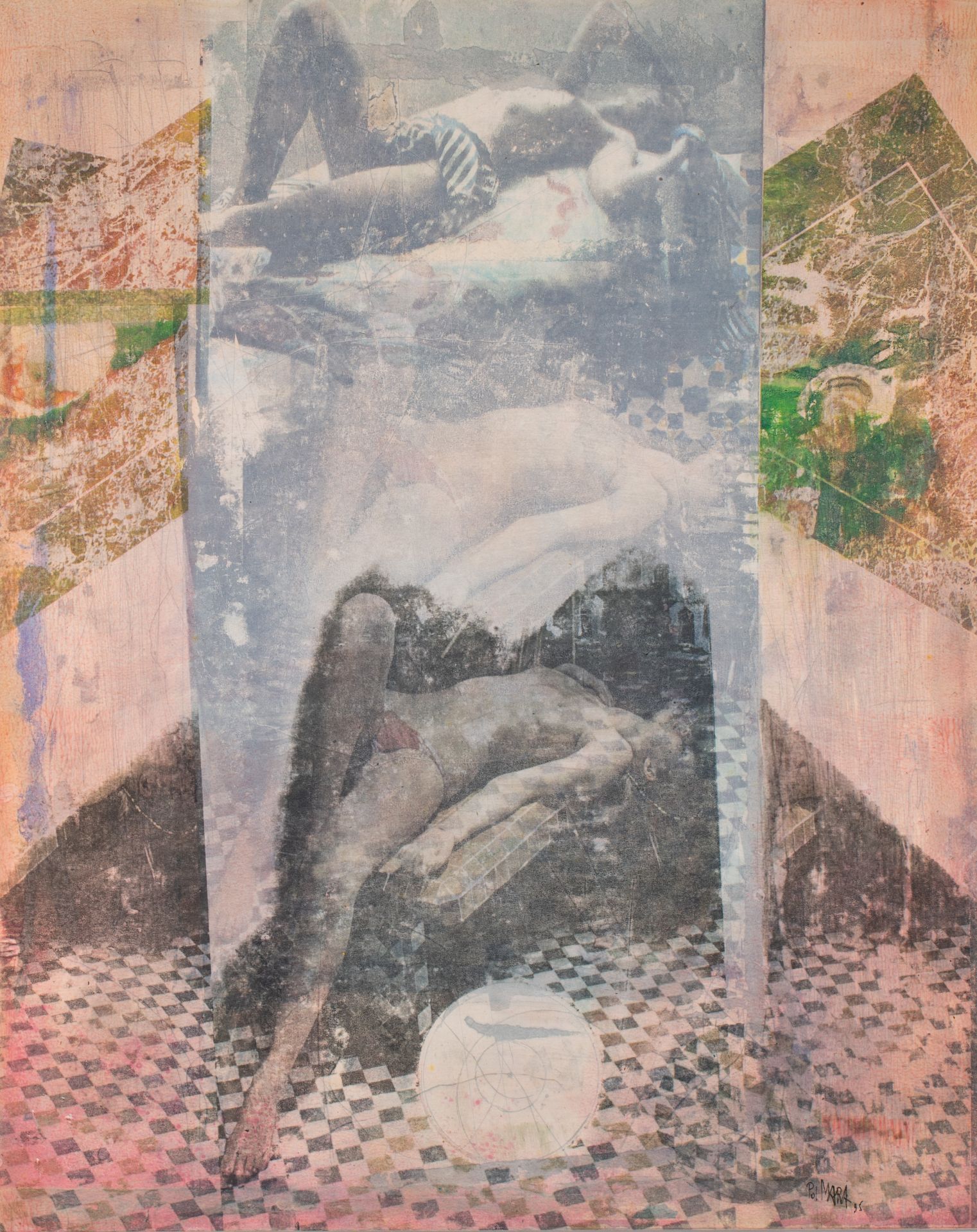 Pol Mara (1920-1998), 'Levitation', watercolour on silk marouflated on hardboard, 1995, 100 x 72 cm.