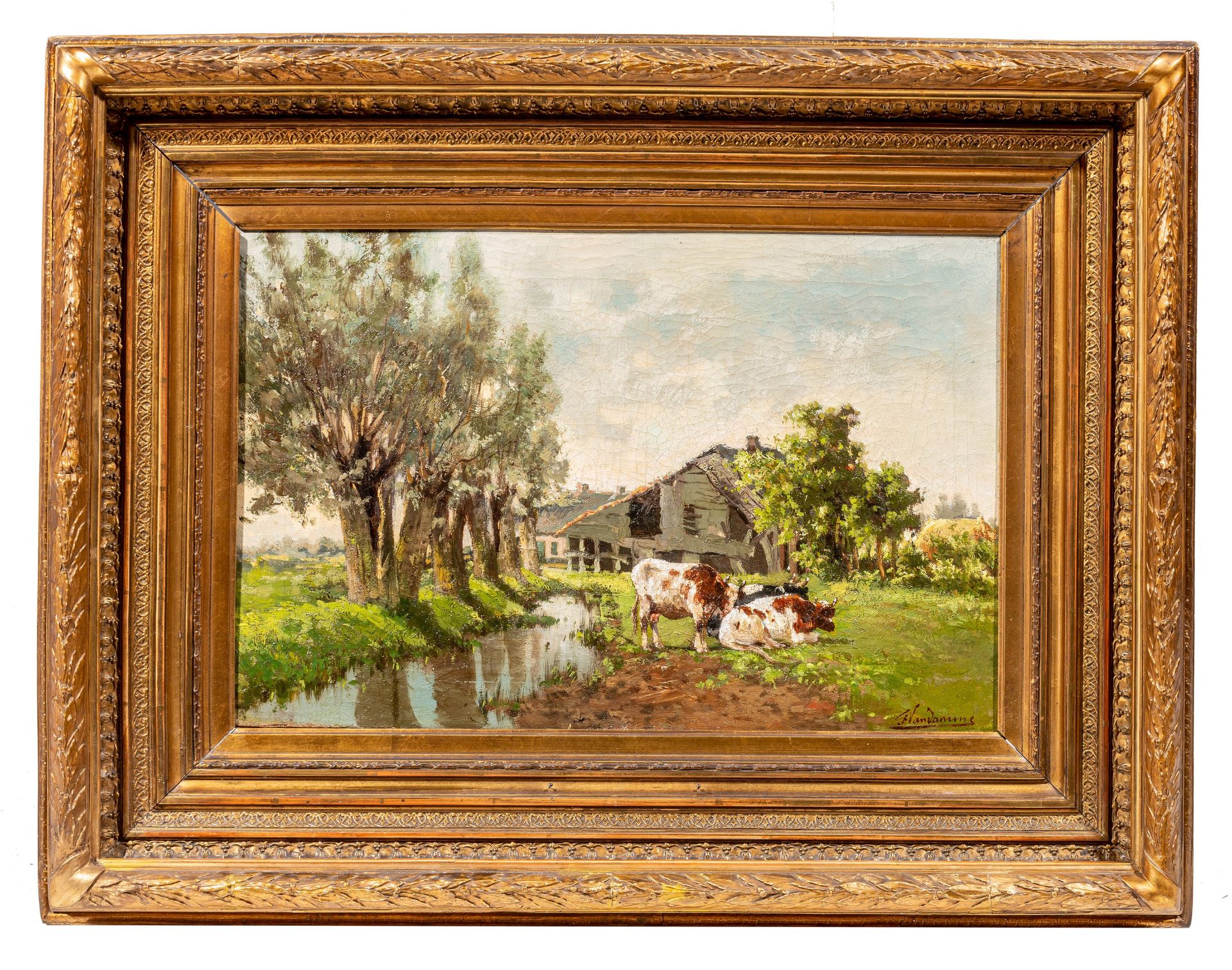 Frans Vandamme (1858-1925), cows in the meadow near a ditch, oil on canvas 36 x 54 cm. (14.1 x 21.2 - Bild 2 aus 8