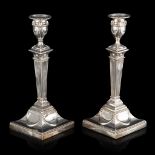 A pair of English sterling silver Neoclassical candlesticks, hallmarked Sheffield, H 32 cm