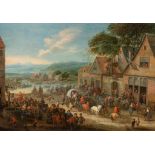 Attrib. to Mathys Schoevaerdts (c.1663-1703), animated village scene in Flanders, oil on a cradled p