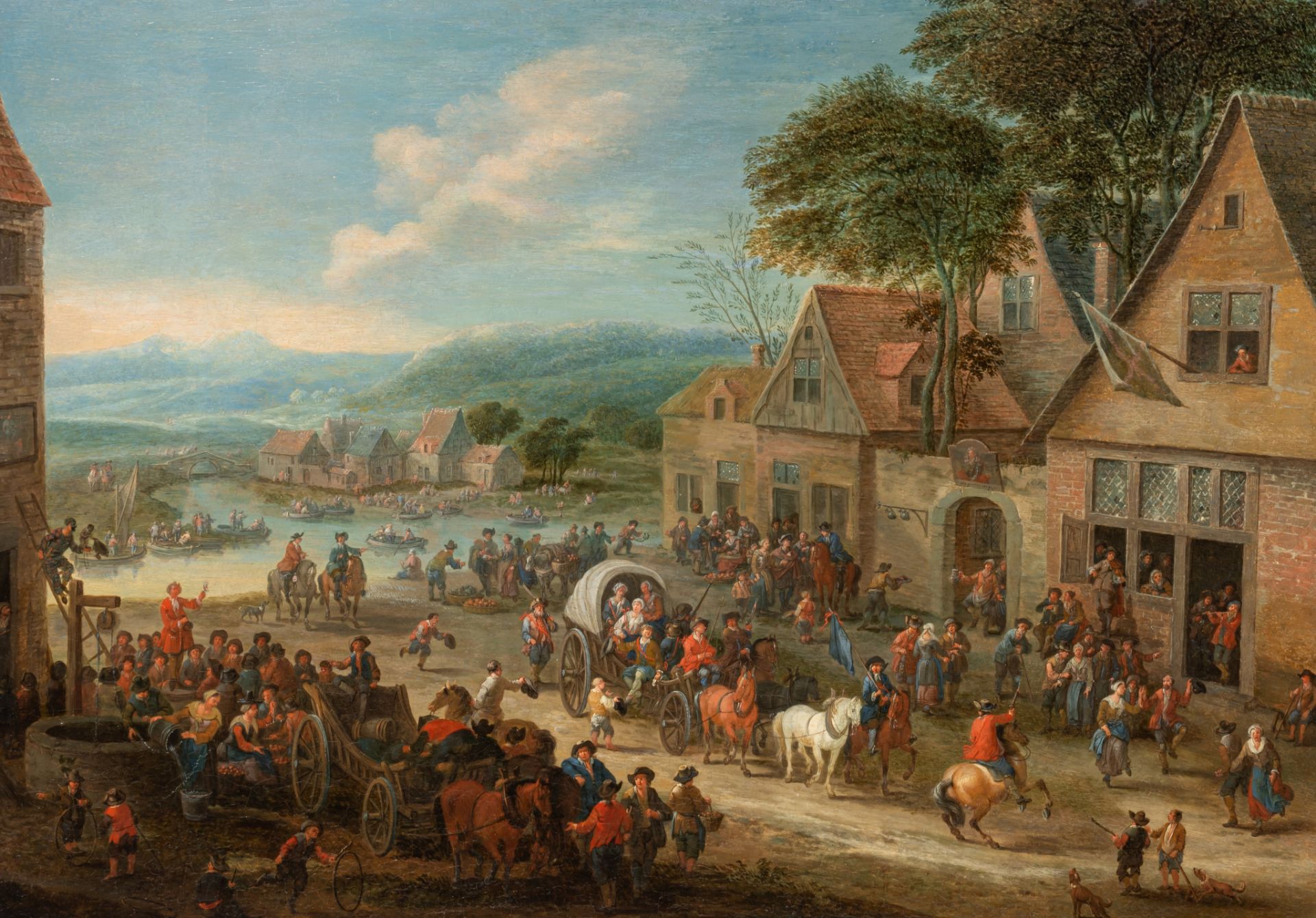 Attrib. to Mathys Schoevaerdts (c.1663-1703), animated village scene in Flanders, oil on a cradled p