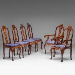 A set of 6 Dutch Rococo style chairs with floral marquetry, 19thC