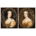 A pair of pendant portraits of elegant sisters encircled by wreaths of flowers, 17thC, oil on canvas