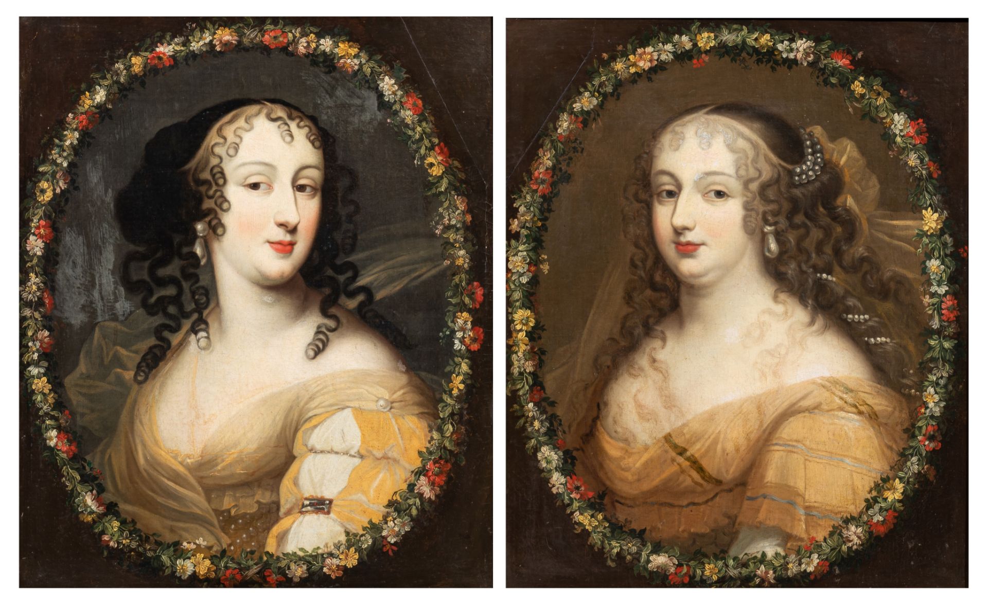 A pair of pendant portraits of elegant sisters encircled by wreaths of flowers, 17thC, oil on canvas