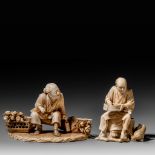 Two Japanese Meiji period ivory okimono, H 7 - W 10,5 cm - 145 g / H 8 cm - 79 g (+)