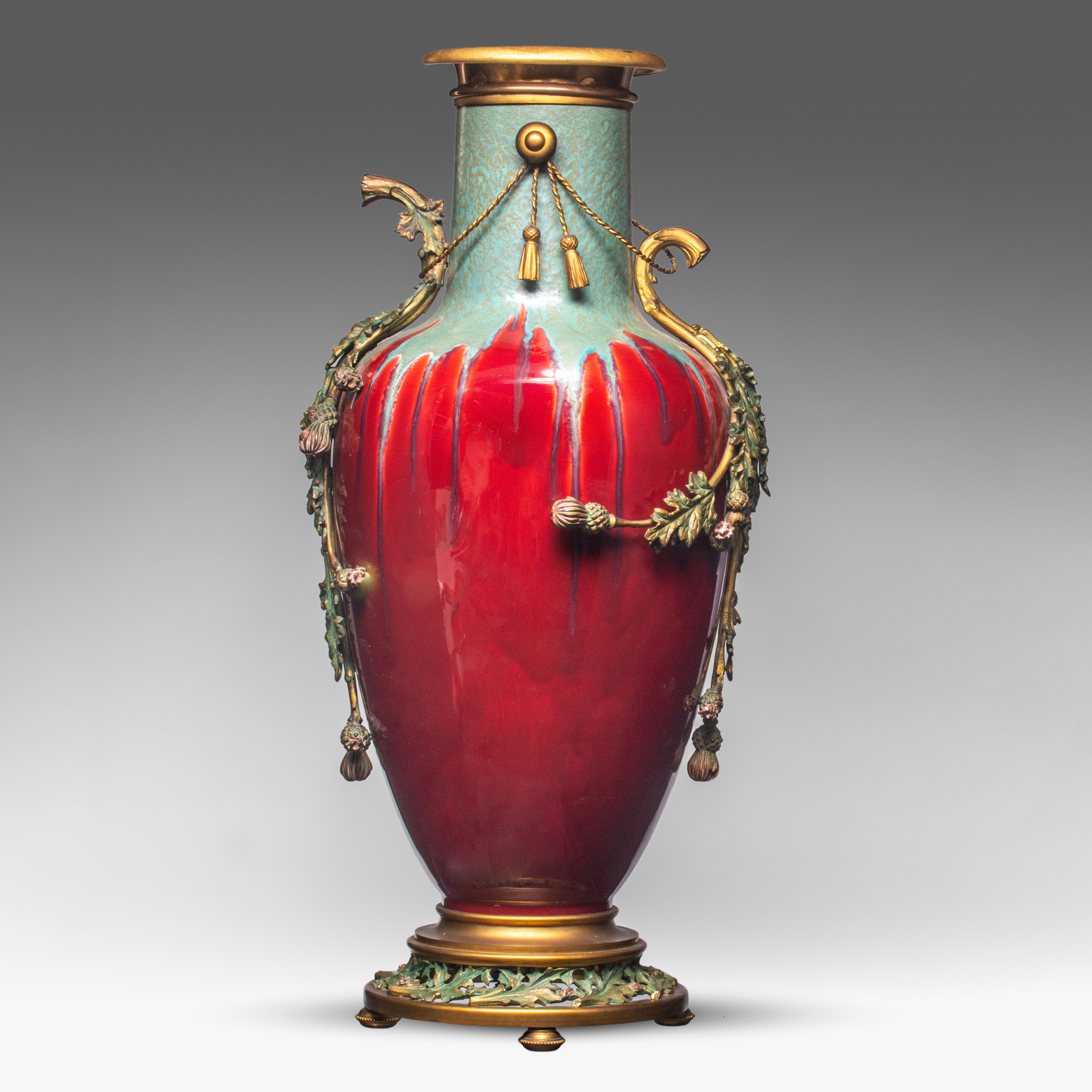 A Jugendstil flambe vase with floral gilt brass mounts, H 60 cm - Image 4 of 6