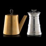 A silver-plated pepper mill, marked Hukin & Heath, added a brass egoiste with ebonised wooden handle