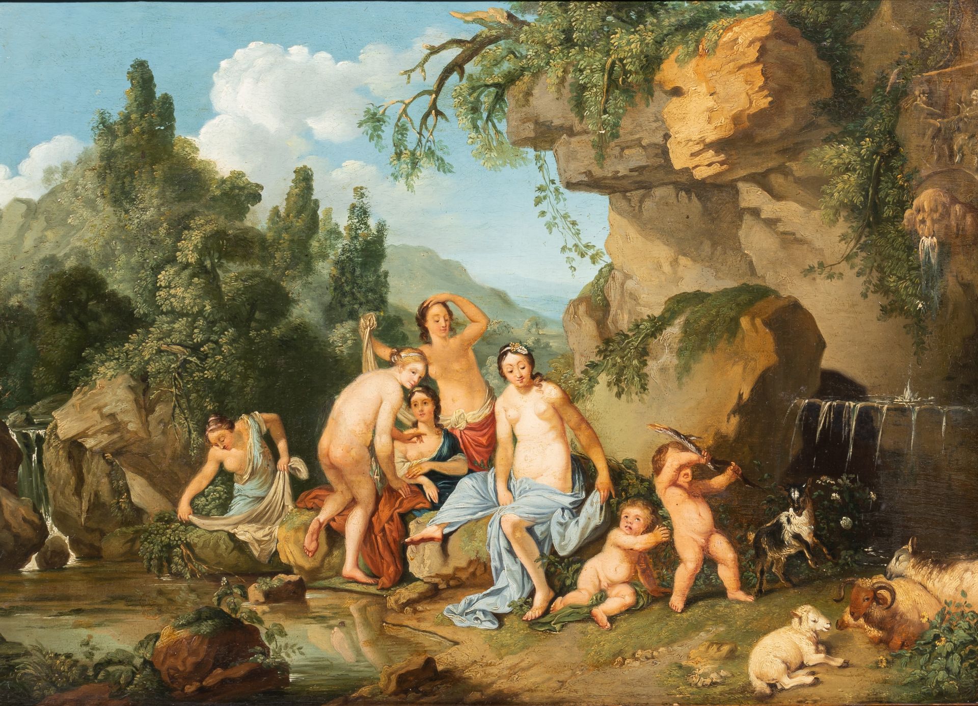 The bathing Venus and her entourage, French School, 18thC, oil on panel, 54,5 x 76 cm