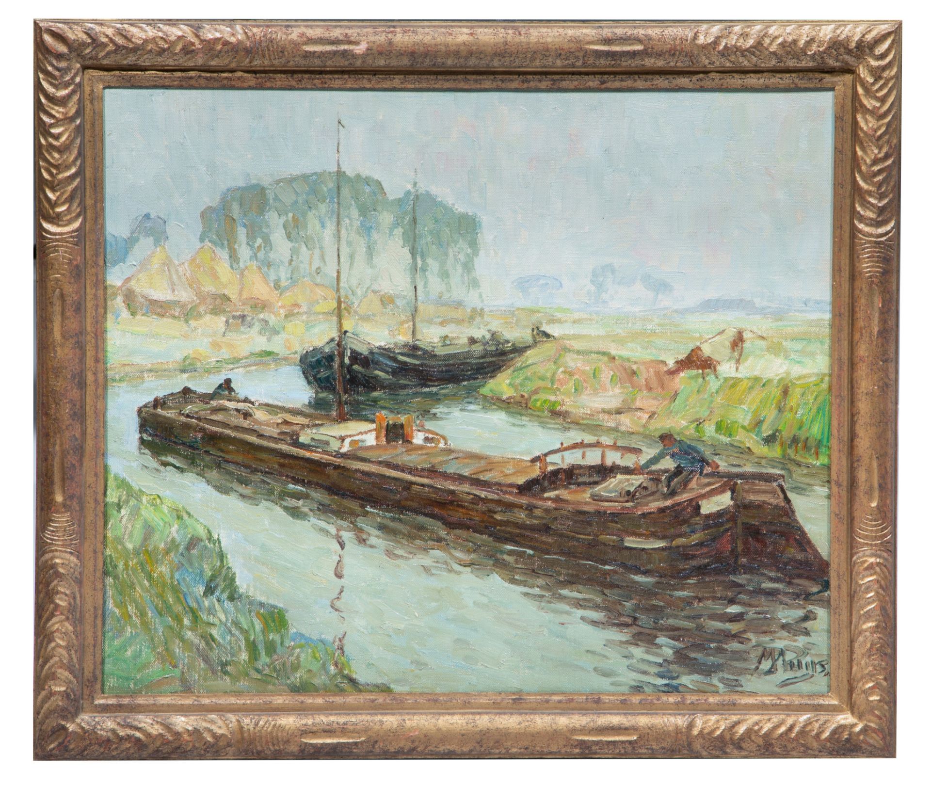 Modest Huys (1874/75-1932), barques on the Lys, oil on canvas 50 x 60 cm. (19.6 x 23.6 in.), Frame: - Image 2 of 6