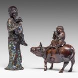 A Japanese champleve bronze figure of an Immortal, Meiji H 36 cm - added a bronze figure group, Meij