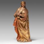 A polychrome and gilt limewood sculpture of a crowned saint, Southern France, 17thC, H 101 cm