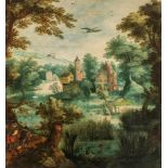 Attrib. to Jasper van der Lanen (ca. 1585 - after 1626), hunters in a landscape with a castle, oil o