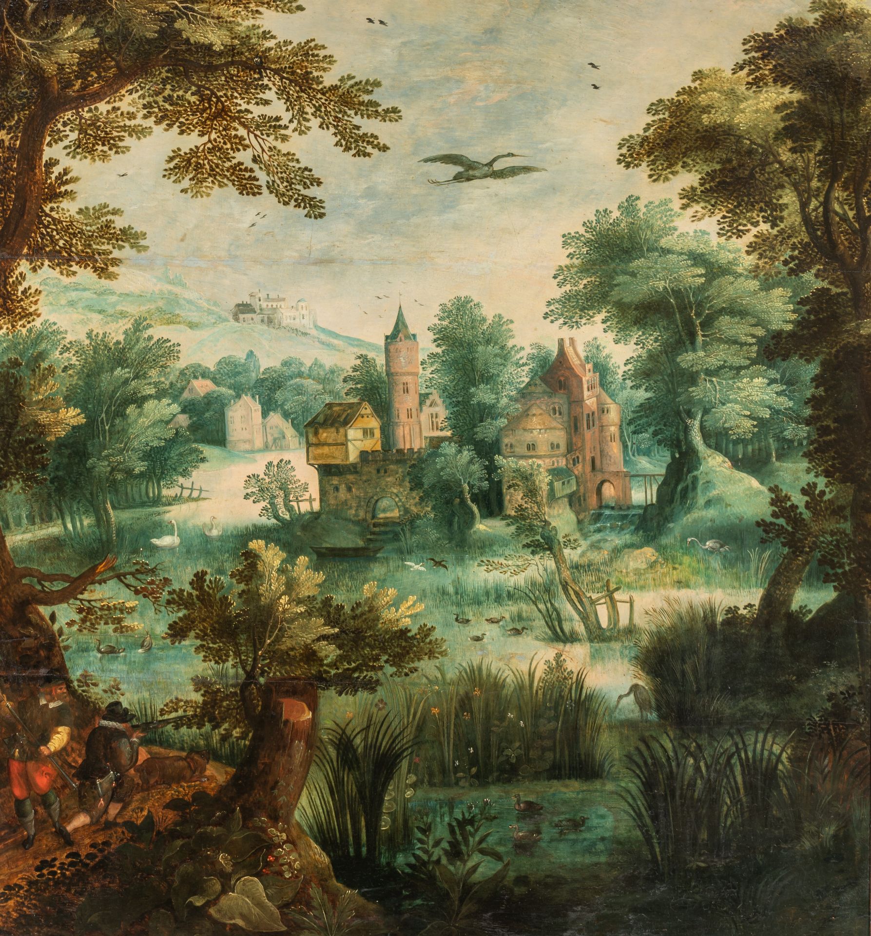Attrib. to Jasper van der Lanen (ca. 1585 - after 1626), hunters in a landscape with a castle, oil o
