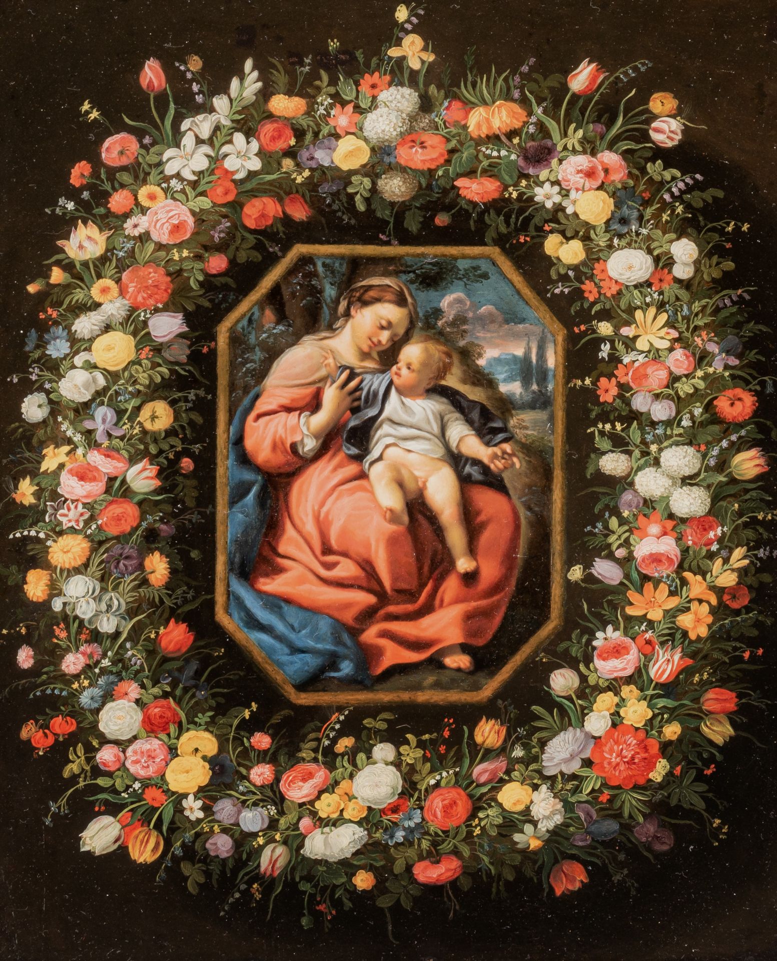 Jan Brueghel the Younger (1601-1678), Madonna with the child Jesus surrounded by a garland of flower