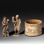 Two Japanese ivory sculptures and one Chinese, H okimono 15,8 cm / H Chinese figure 14,6 cm / H tea
