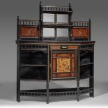 An Aesthetic Movement ebonised wood, faux tortoishell and gilt side board, with inset mahogany shelv