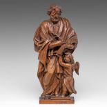 A 17thC Baroque oak sculpture of an evangelist accompanied by an angel, Flemish, H 51,5 cm