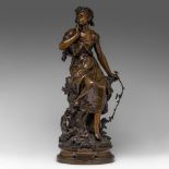 Hippolyte Moreau (1832-1927), 'Le Chant des Alouettes', patinated bronze, H 76 cm