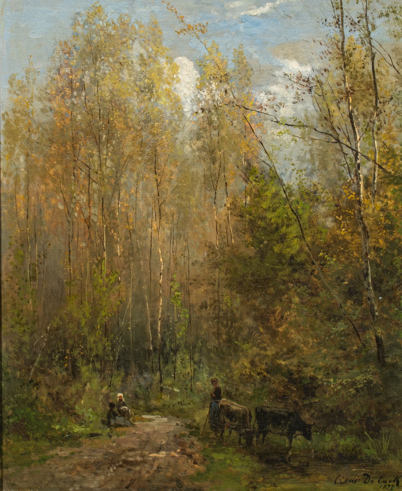 Cesar De Cock (1823-1904), figures in a forest near Gasny, 1872, oil on canvas, 36 x 44 cm