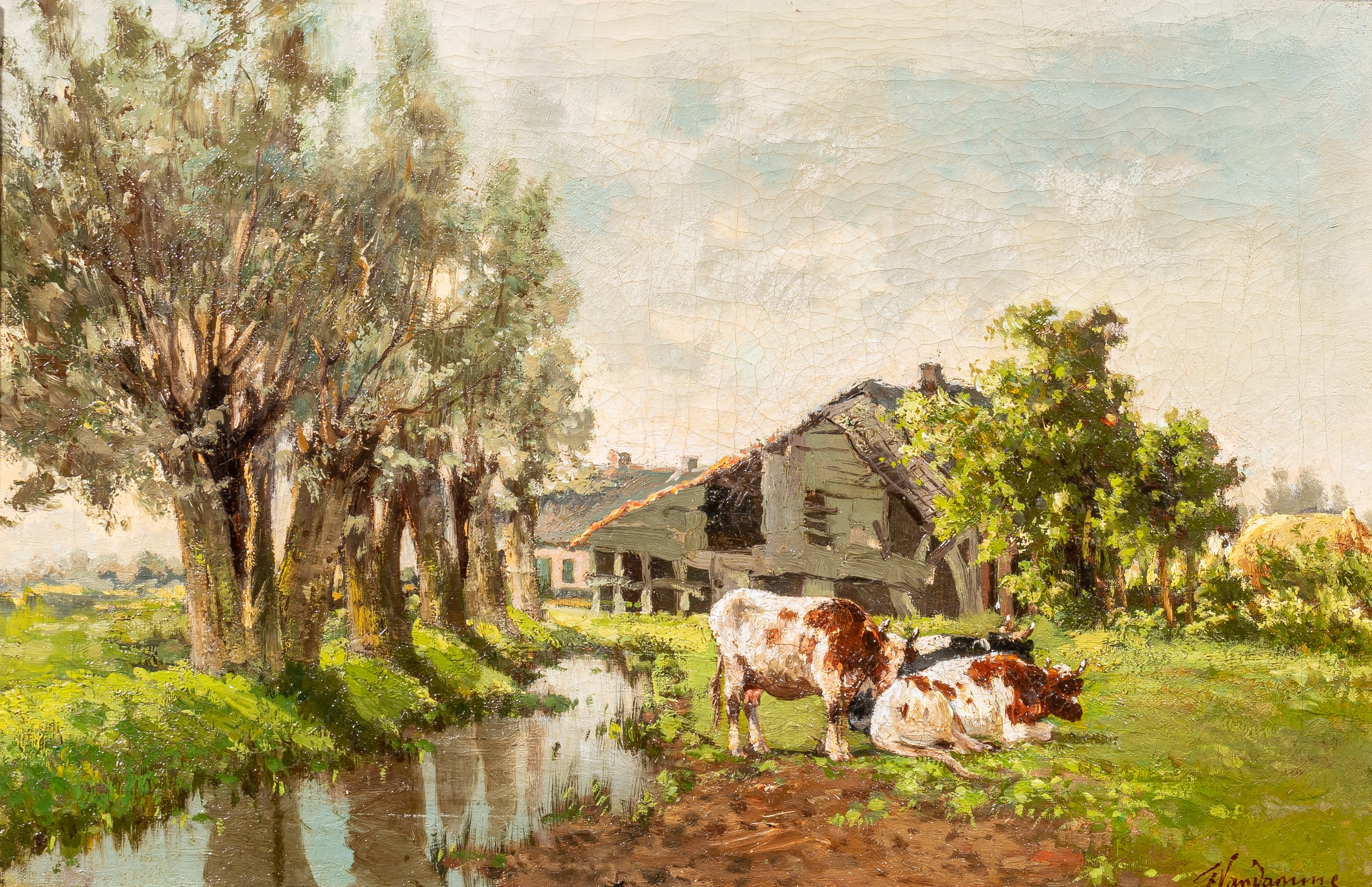 Frans Vandamme (1858-1925), cows in the meadow near a ditch, oil on canvas 36 x 54 cm. (14.1 x 21.2