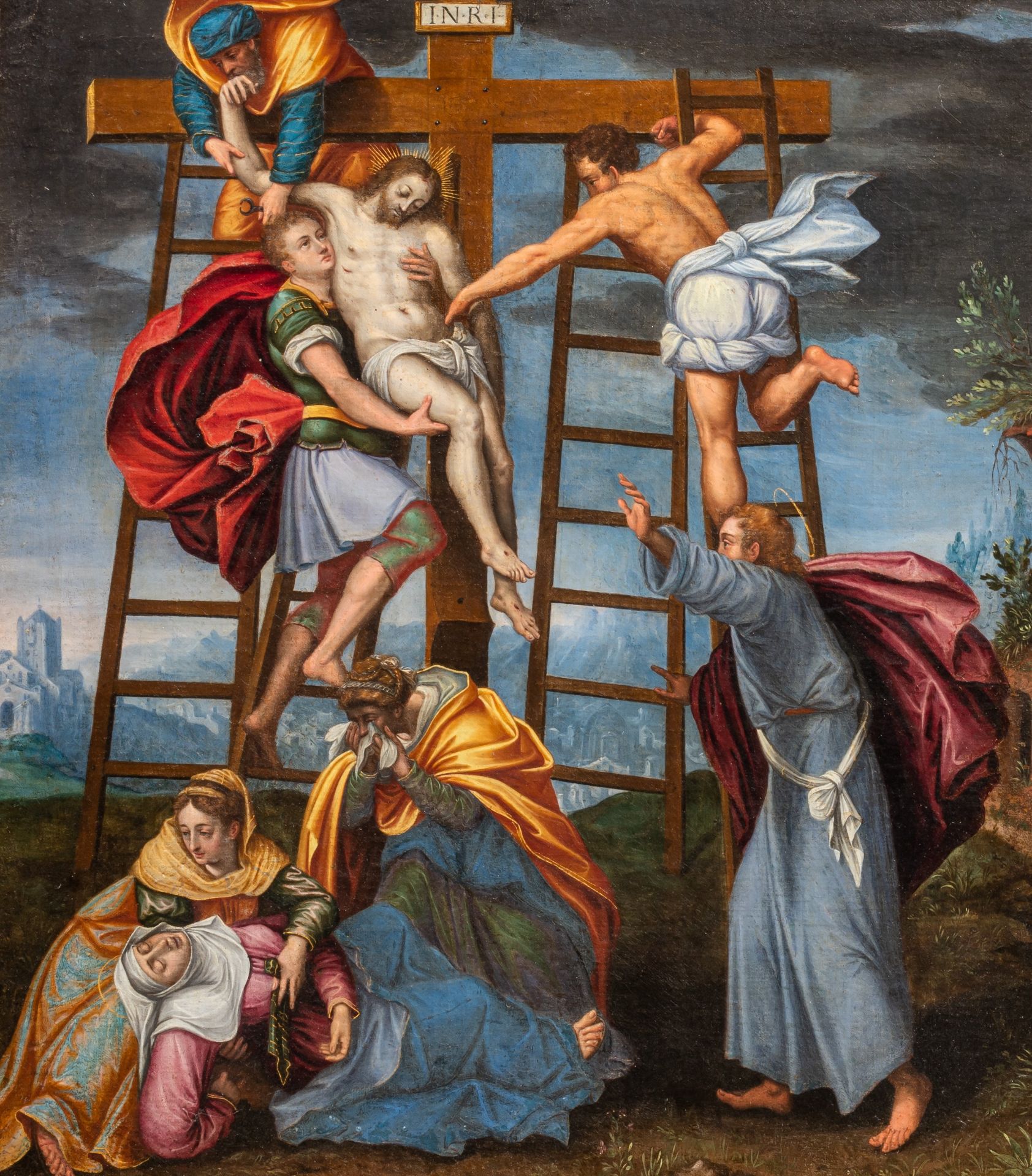 Attrib. to Daniele da Volterra Ricciarelli (1509-1566), the descent from the cross, oil on canvas 49