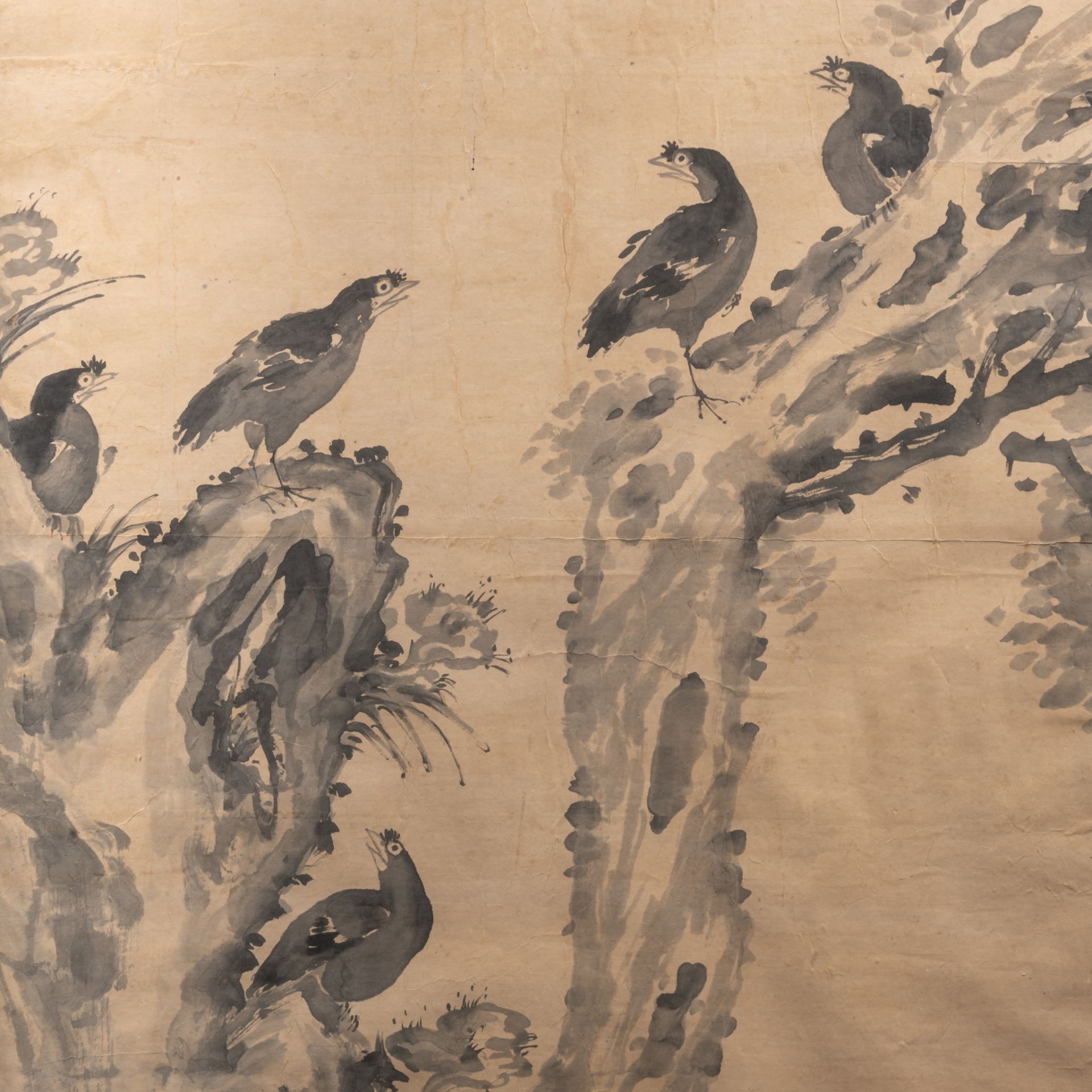 A Chinese painting, ink on paper, 'Birds on flower branches', incl a poem, framed 83,5 x 149,5 cm - Bild 5 aus 6
