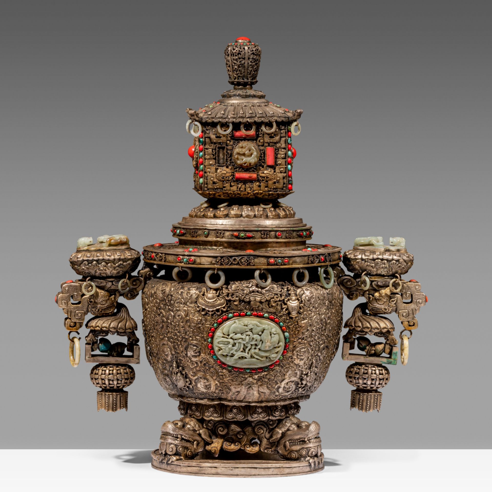 A massive Sino-Tibetan metal censer with jade carvings, coral and turquoise beads inlay, late 19thC, - Image 4 of 13