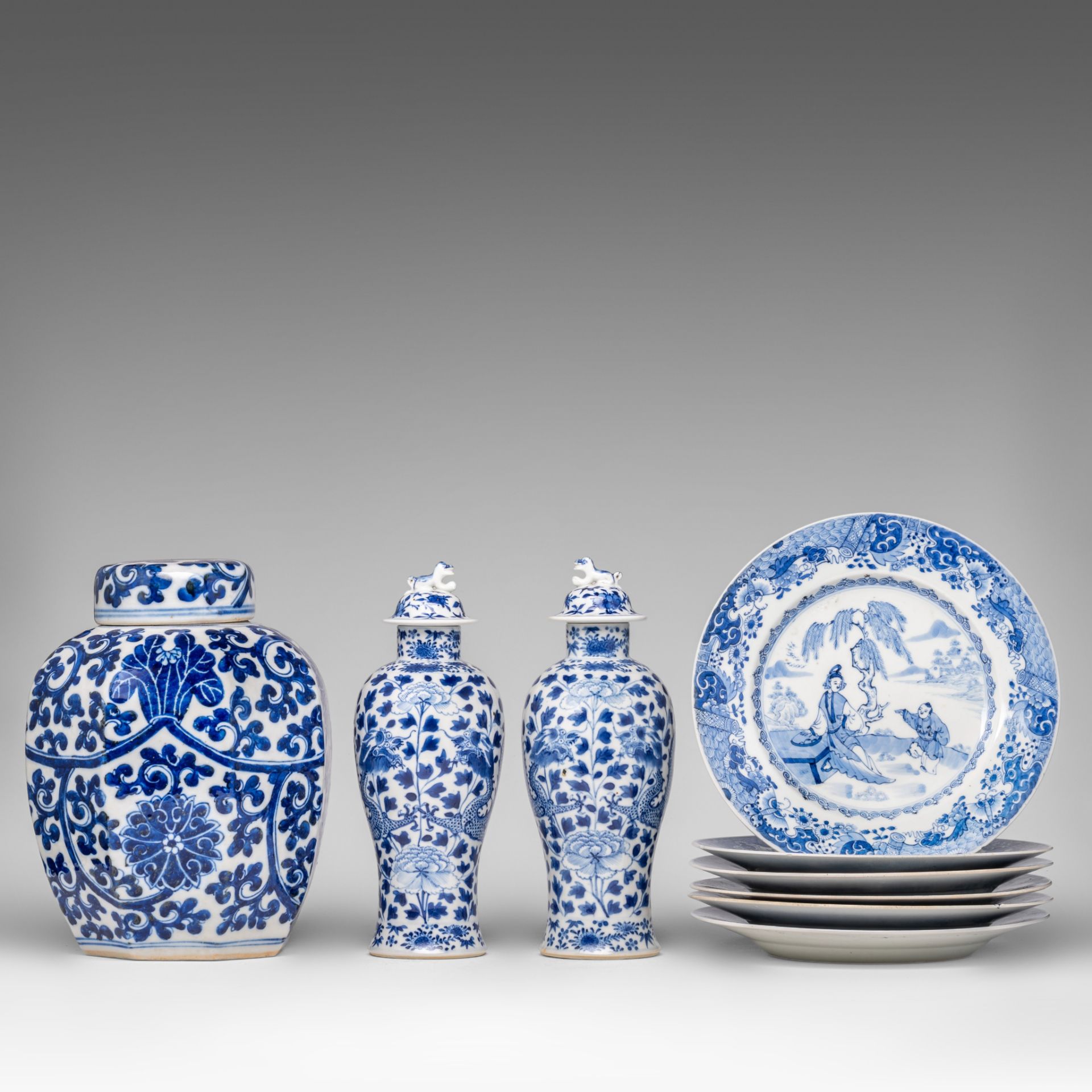 A small collection of Chinese blue and white lidded vases, 19thC, H 27 cm - added six Japanese Arita