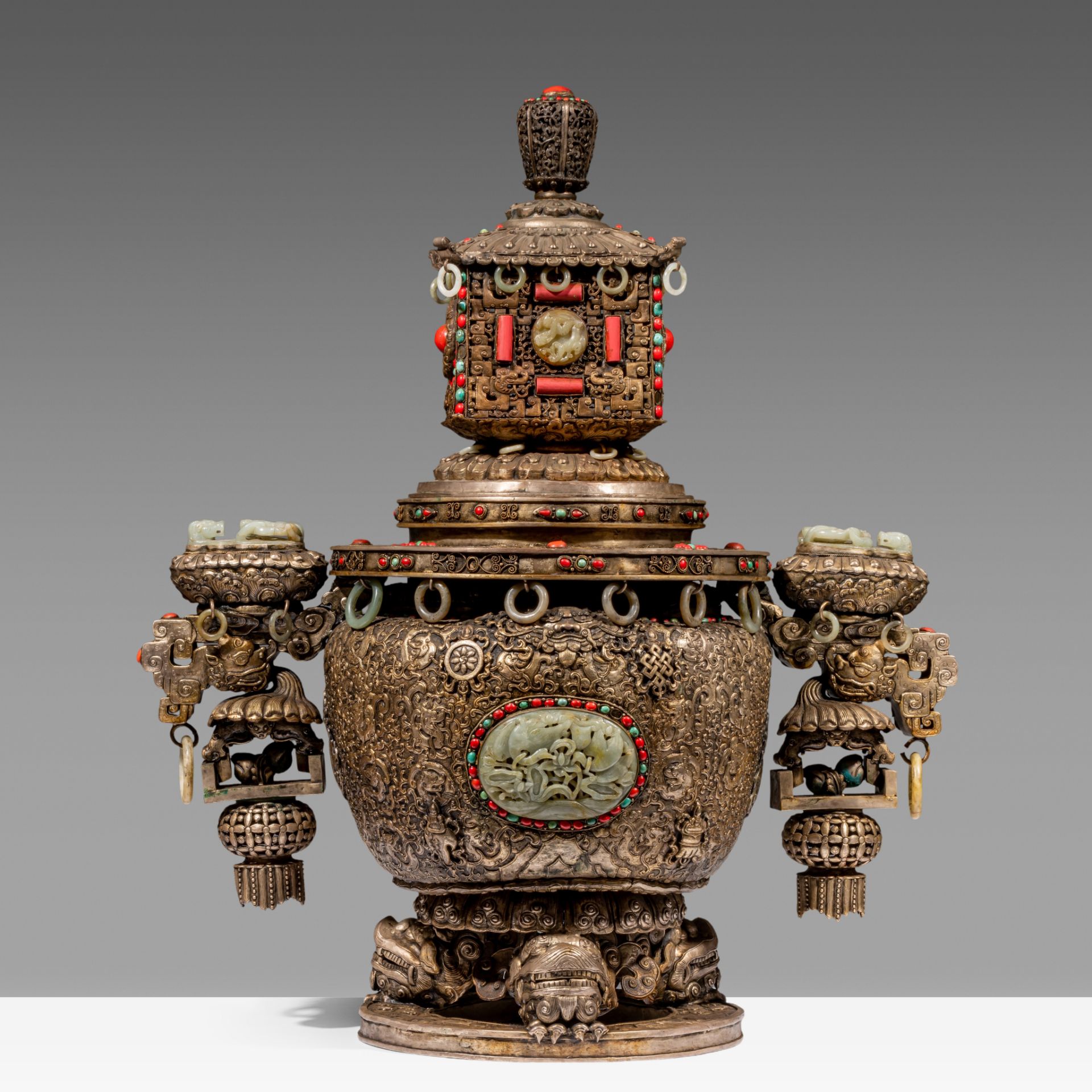 A massive Sino-Tibetan metal censer with jade carvings, coral and turquoise beads inlay, late 19thC,