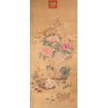 A Chinese Imperial style 'Flower arrangement' scroll painting, watercolour on silk, seal marks and d