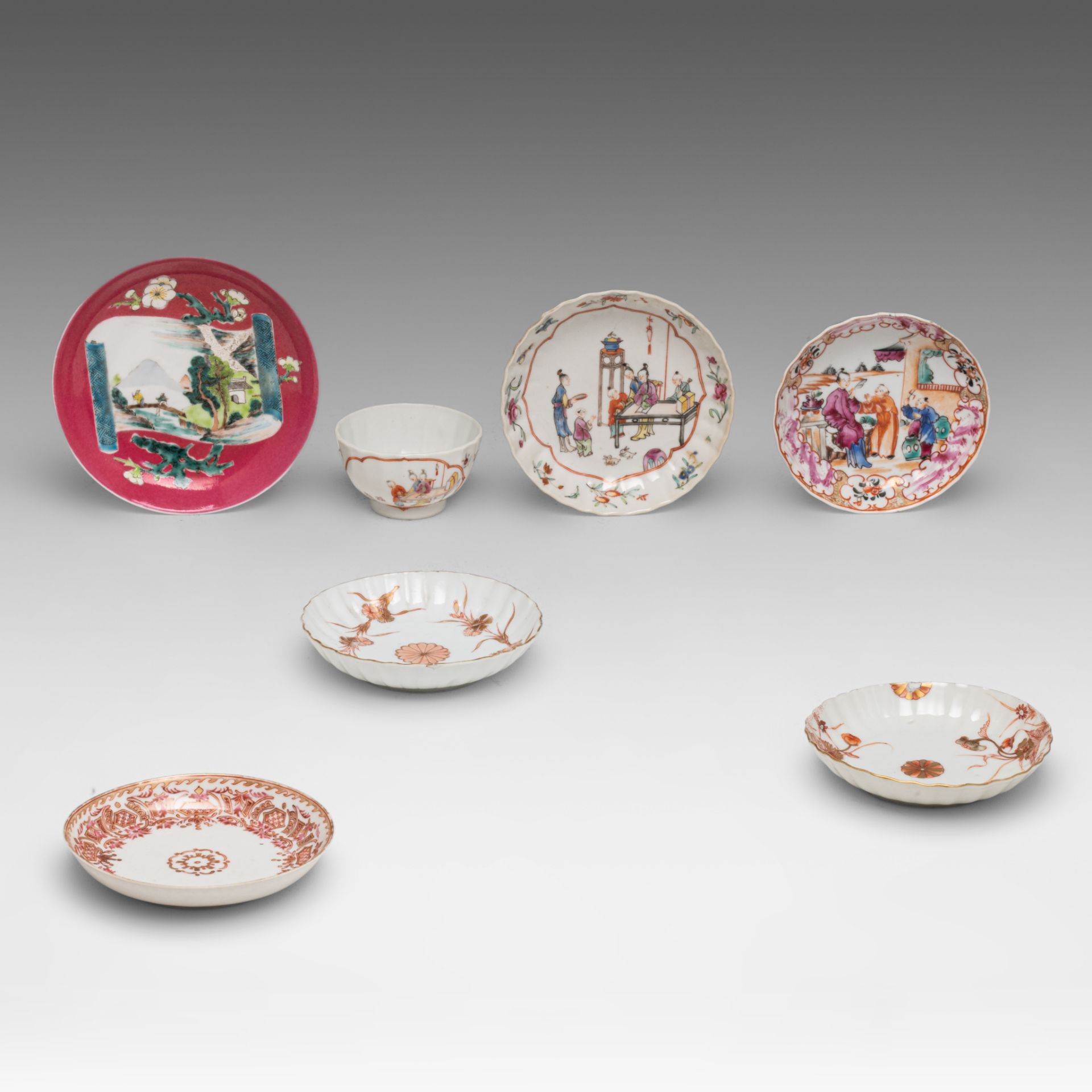 A small collection of Chinese famille rose tea ware, 18thC, largest dia cm (7)