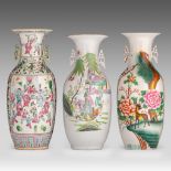 Three Chinese famille rose vases, with a signed text, Republic period/ 20thC, H 54,5 - 57,5 cm