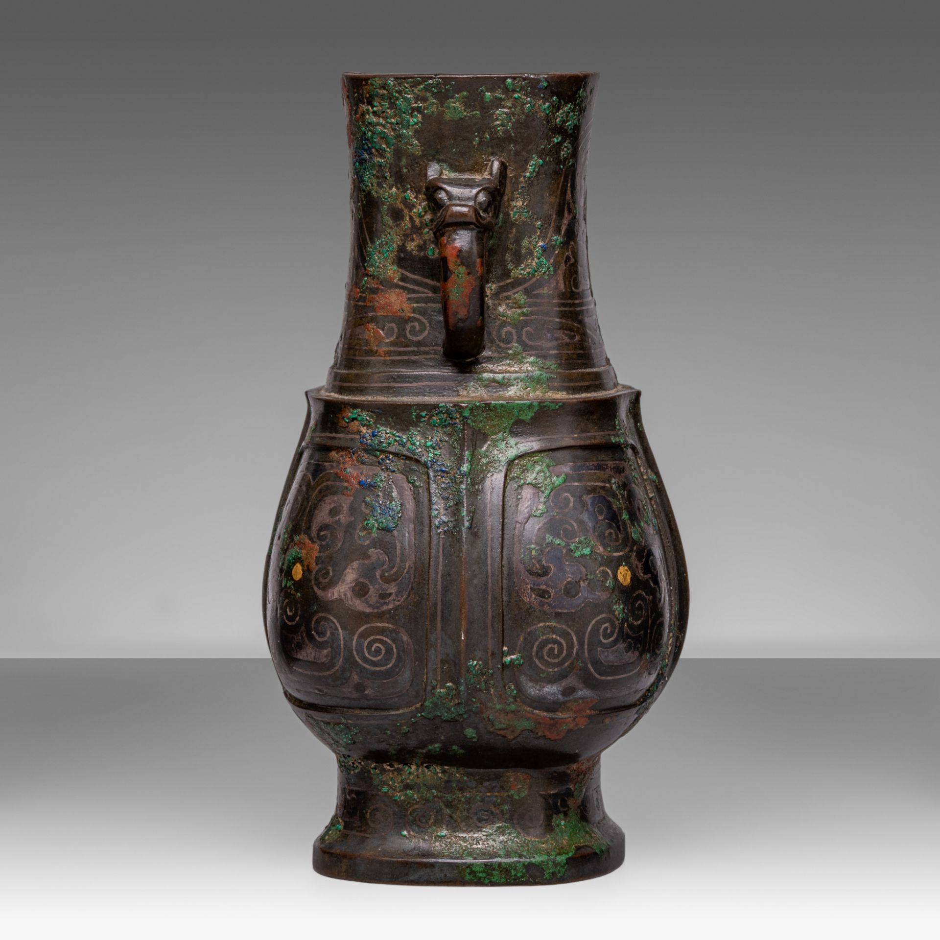 A rare and fine Chinese archaistic silver and gold inlaid bronze fanghu vase, Song - Ming dynasty, H - Image 2 of 6