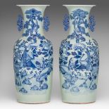 A pair of Chinese blue and white on celadon ground vases, paired with lingzhi handles, 19thC, H 58 c