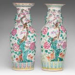 Two fine Chinese famille rose 'A hundred birds in a garden' vases, 19thC, H 60 - 61 cm