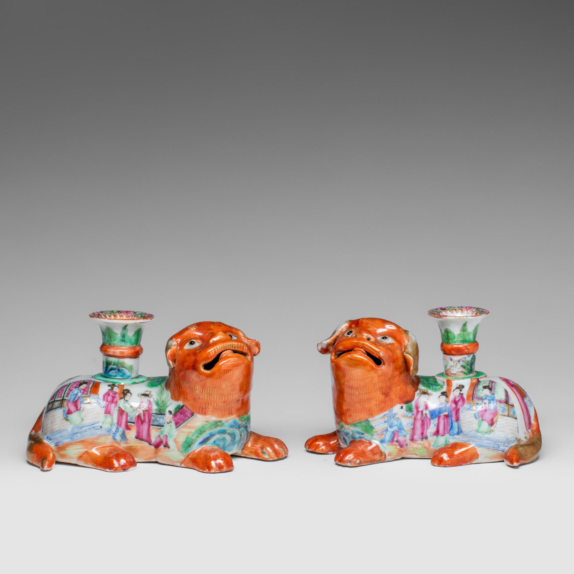 A fine pair of Chinese Canton joss stick holders in the shape of Fu dogs, 19thC, H 11,5 - L 20 cm - Image 2 of 9