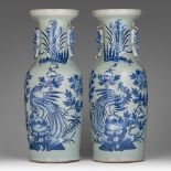 A pair of Chinese blue and white on celadon ground vases, paired with Fu lions handles, 19thC H 58,5
