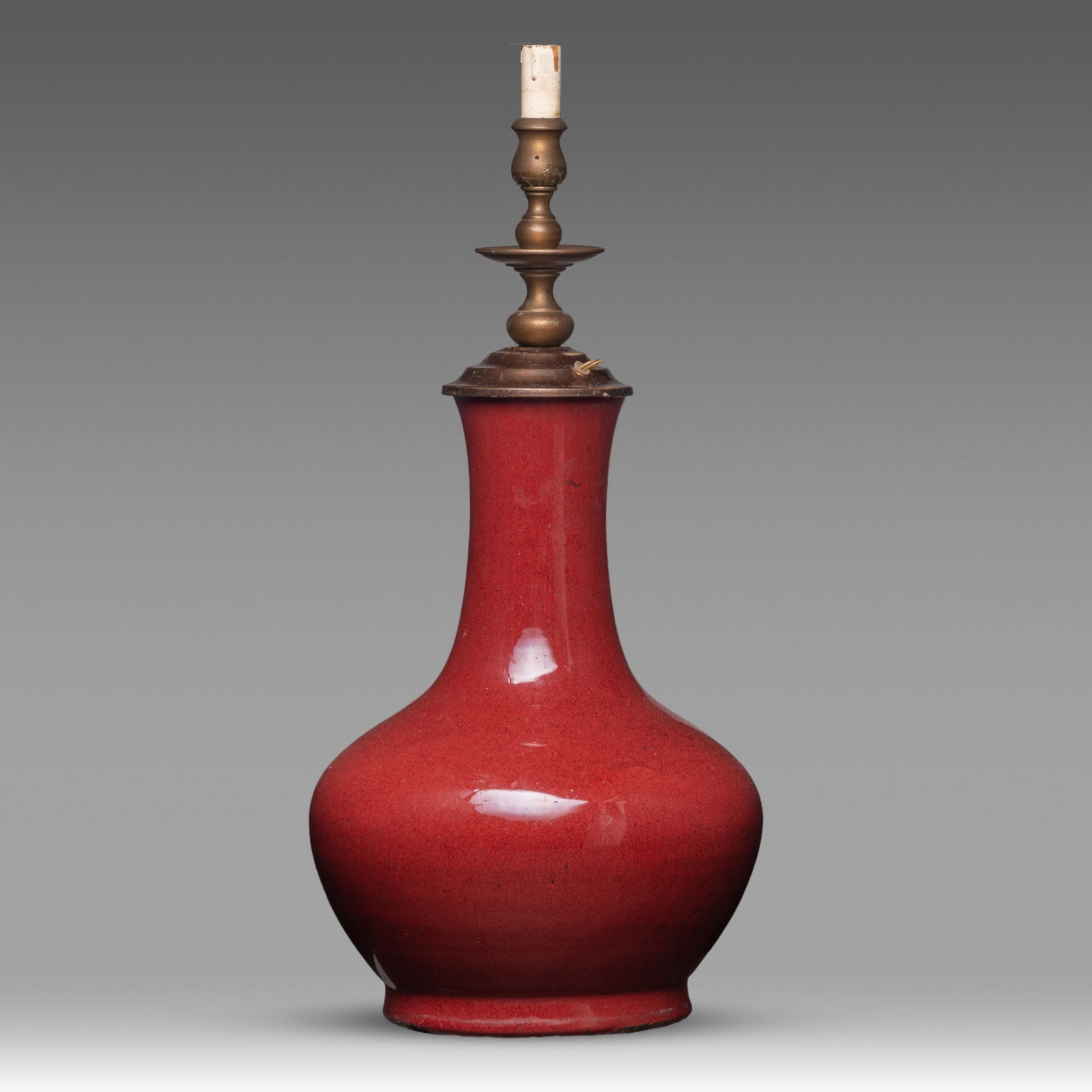 A Chinese sang-de-boeuf glazed bottle vase, with lamp mounts, H 34 - Total H 53 cm - Image 2 of 6