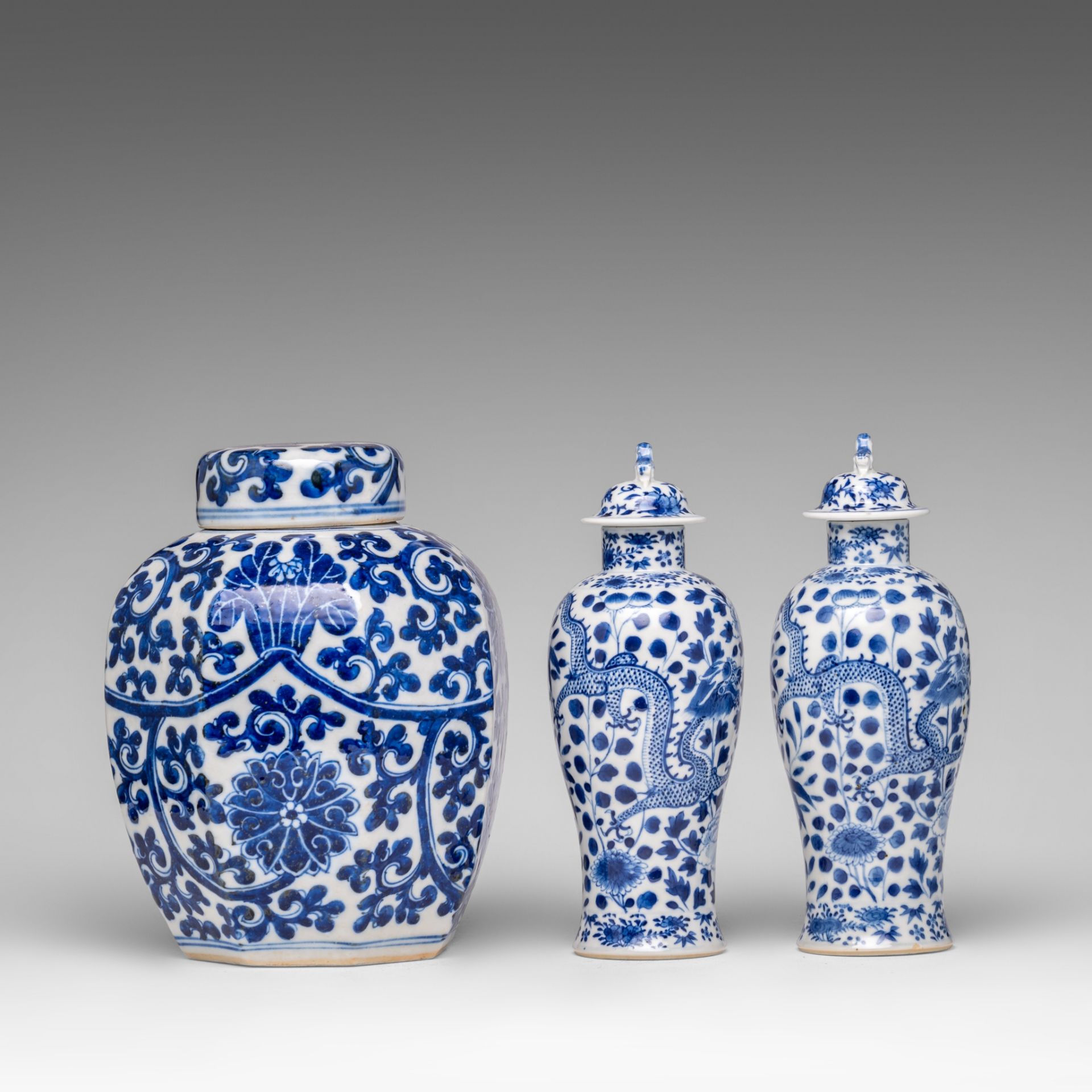 A small collection of Chinese blue and white lidded vases, 19thC, H 27 cm - added six Japanese Arita - Image 11 of 15