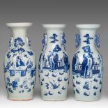 Three Chinese blue and white on celadon ground 'Immortal' vases, paired with handles, 19thC, H 58,5