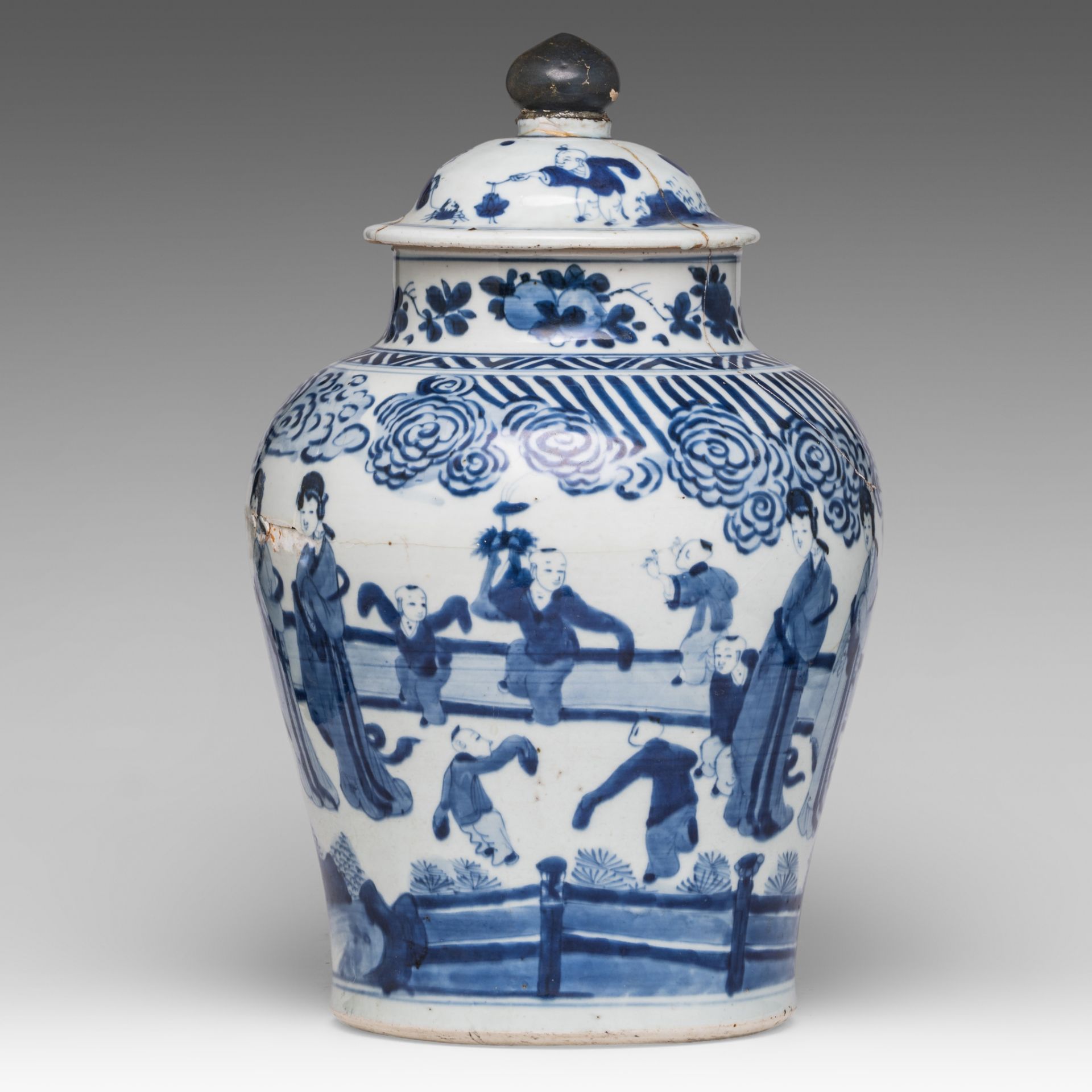 A Chinese Ming style blue and white 'Long Elisa' baluster jar and cover, Transitional/ Chongzheng pe