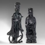 A pair of Chinese green jadeite figures of Immortals, H 57,5 - 67 cm