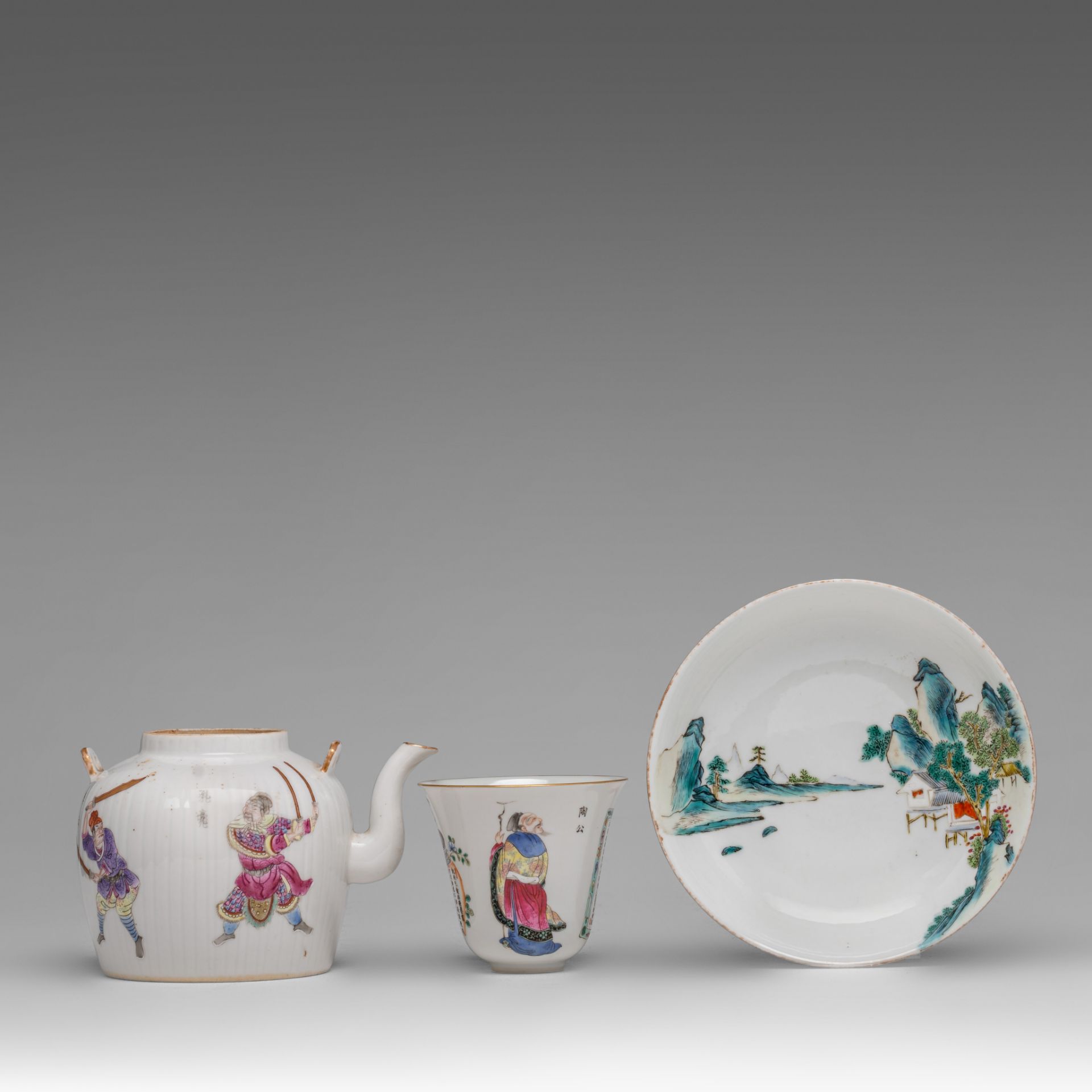 A Chinese famille rose 'Wu Shuang Pu' teapot and tall cup, Xianfeng seal mark and of the period, the