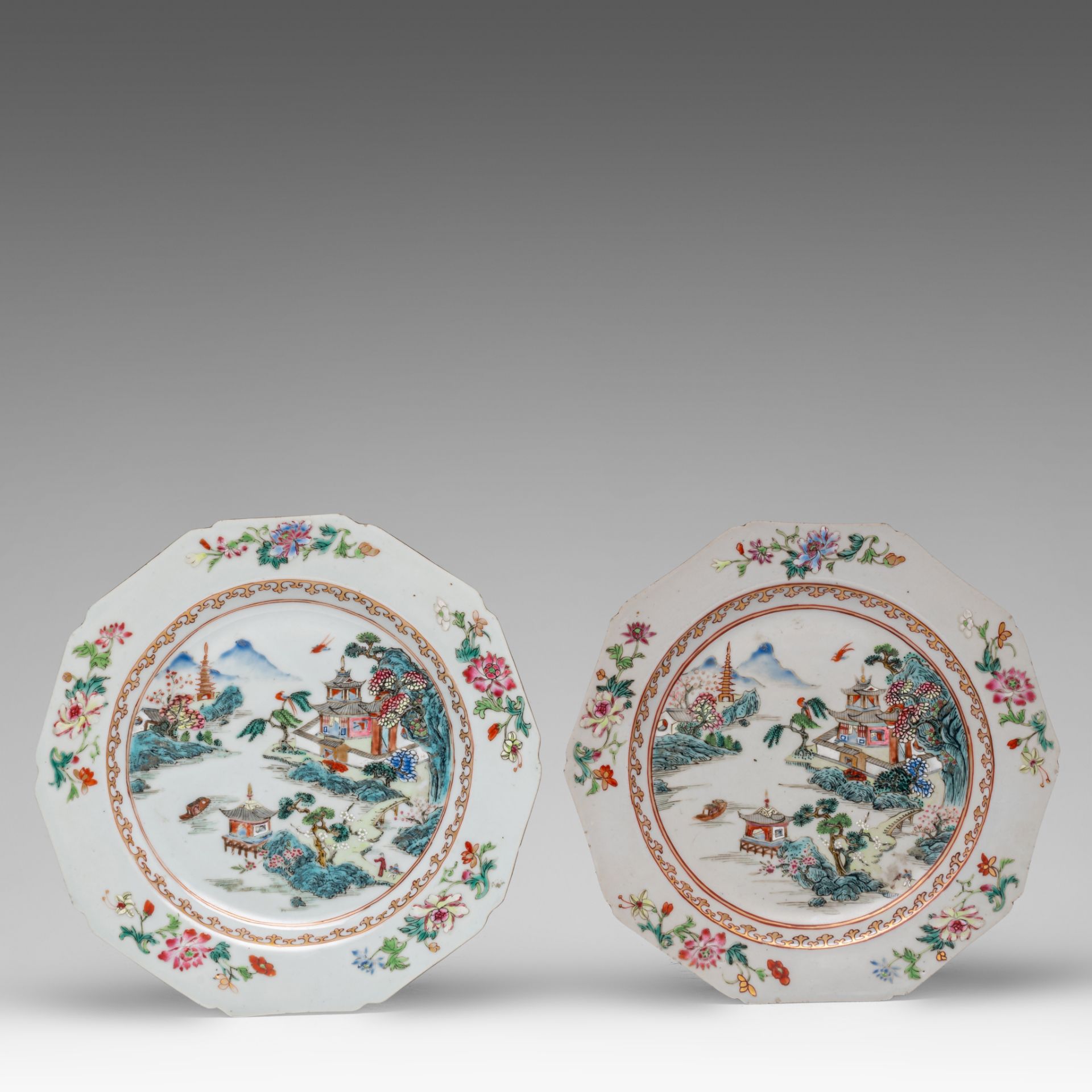 Four Chinese famille rose export porcelain dishes, a series of two fine dishes depicting a river lan - Image 2 of 5