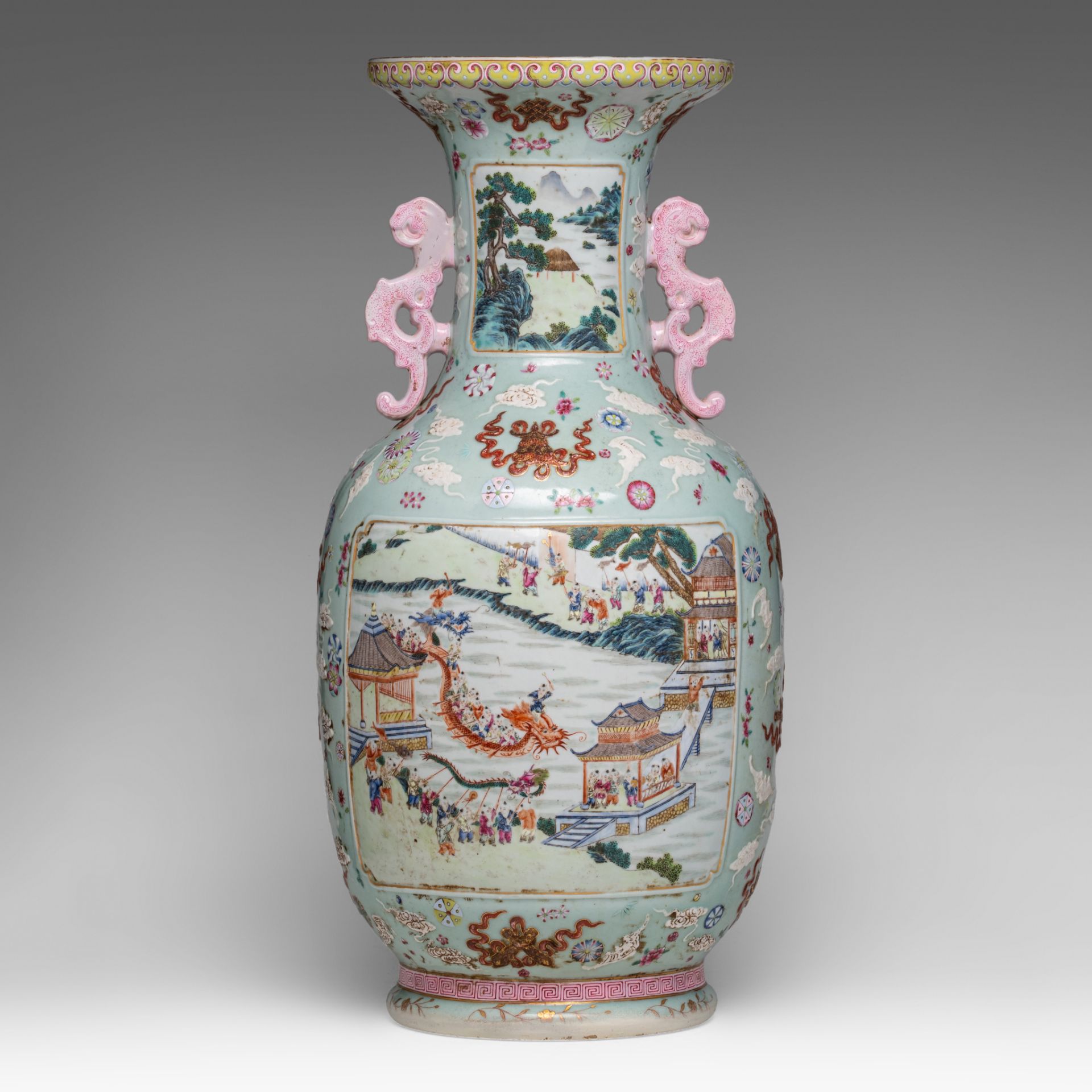 A large Chinese famille rose 'One Hundred Boys' vase, paired with dragon handles, with a Qianlong ma - Bild 3 aus 6